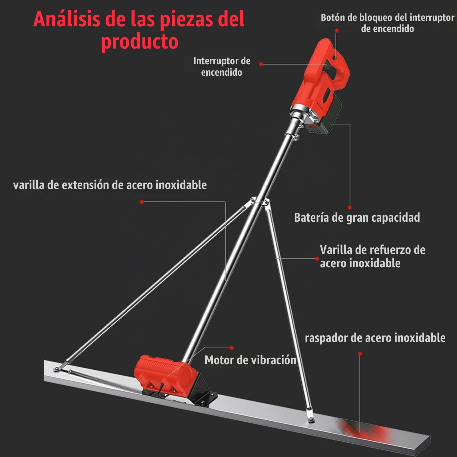 Herramienta vibratoria de hormigón,Herramienta de acabado de hormigón con regla eléctrica,Paleta de hormigón con batería de litio,Nivelación de superficies de cemento con regla inalámbrica eléctrica