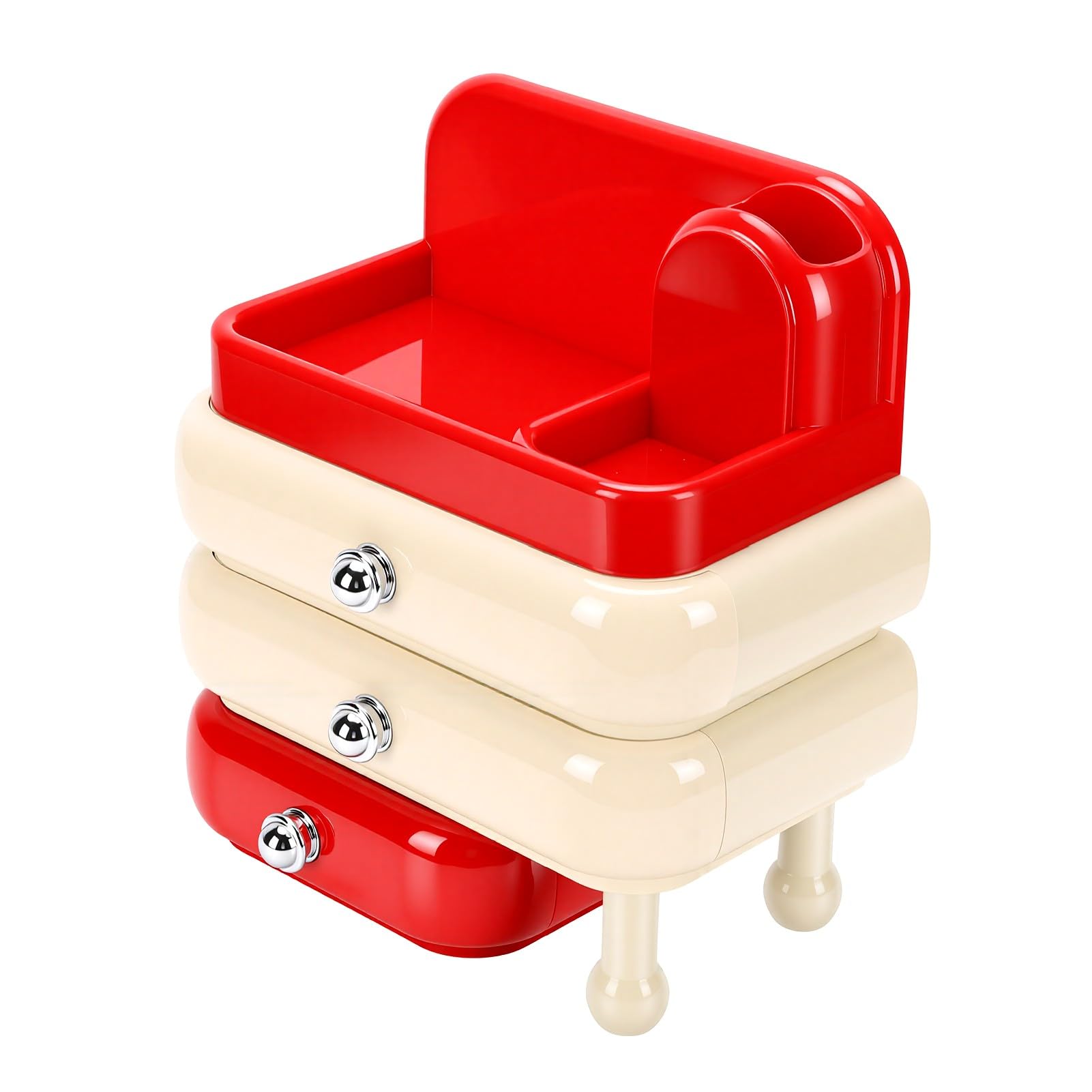 Organizador de Cosméticos Elegante Caja de Almacenamiento de Escritorio con 3 Cajones para Brochas de Maquillaje y Cuidado de la Piel - Elegante Diseño ABS (Roja)