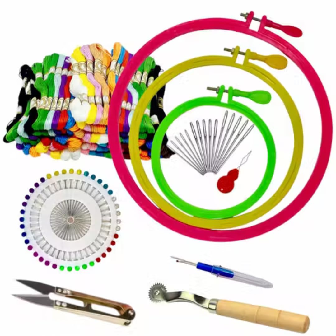 Embroidery Starter Kit with 3 Plastic Embroidery Hoops, Embroidery Threads, Needles, Thread Cutter, Seam Ripper, Pin Wheel & Stitch Tool for Cross Stitch Sewing DIY Craft-image-12
