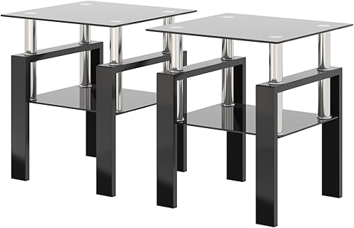 ODUSE-DAILY Juego de 2 mesas auxiliares de cristal negro, mesa de cristal pequeña, mesa auxiliar negra, juego de 2 mesitas de noche de vidrio