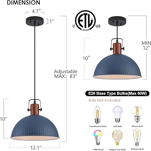 Miniatura 2 de Luces colgantes azules de 12 pulgadas, luces colgantes mate martilladas para isla de cocina, granja industrial, granja, altura ajustable, lámparas