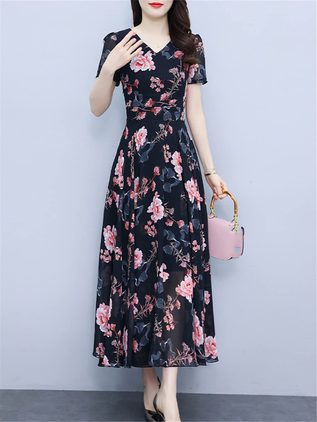 Suwequest Abito lungo in chiffon per feste, vacanze estive, da donna, alla moda, floreale, elegante, chic, formale