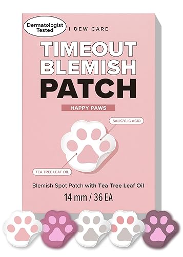 I Dew Care Parche hidrocoloide para espinillas para acné - Timeout Blemish Happy Paws 36 unidades (0.551in), calcomanías faciales, absorción de pus