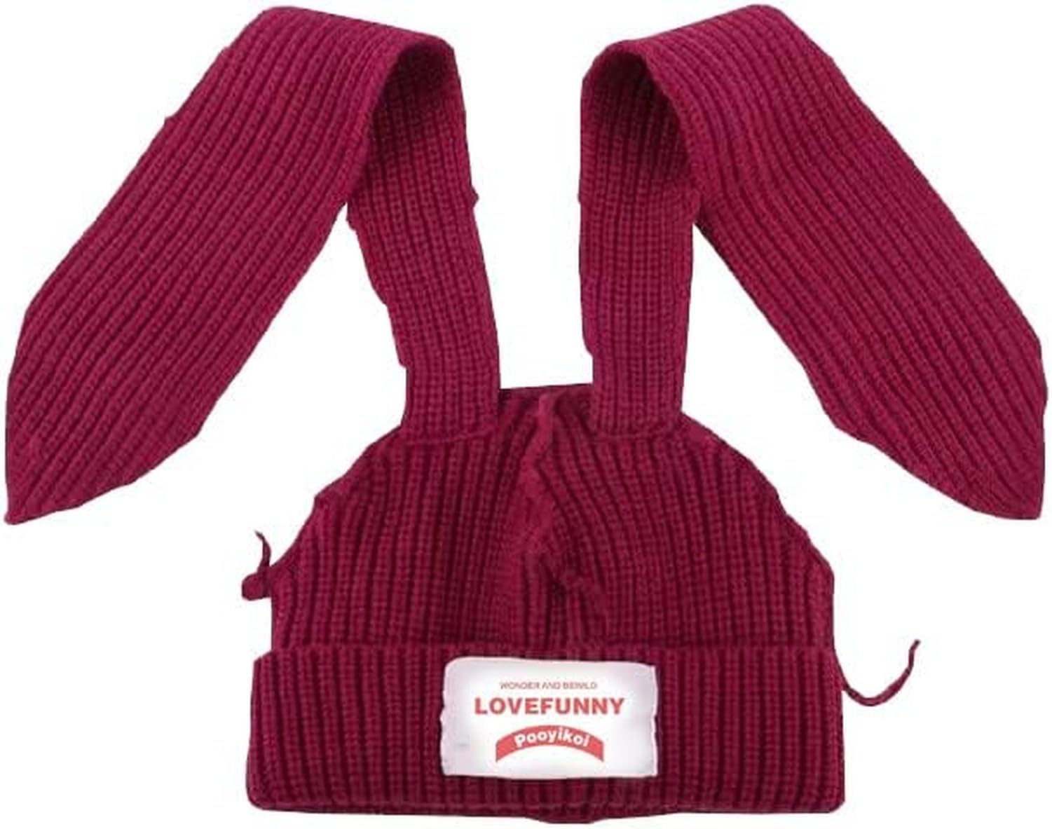 WOMGKDA Knit Beanie Hats for Women Men Cute Bunny Long Ears Plush Fluffy Soft Winter Cap Warm Knit Rabbit Crochet Outdoor Slouchy Hat, Rosered-2, One Size