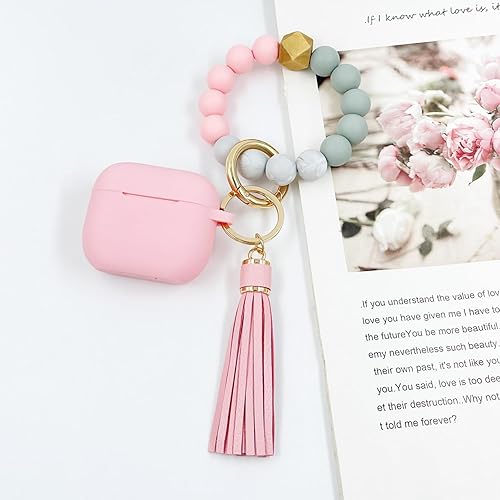 Miniatura 3 de Funda compatible con AirPods 3, funda de silicona suave para AirPods de 3 generación con llavero de pulsera para mujer (rosa)
