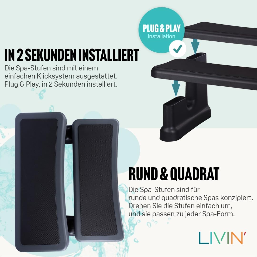 LIVIN' Universal Whirlpool Standtreppe mit 2 Stufen- rutschfest Spa Einstiegshilfe, Robuste Kunststoff tragbare Pool Stufen, 90x61x40 cm