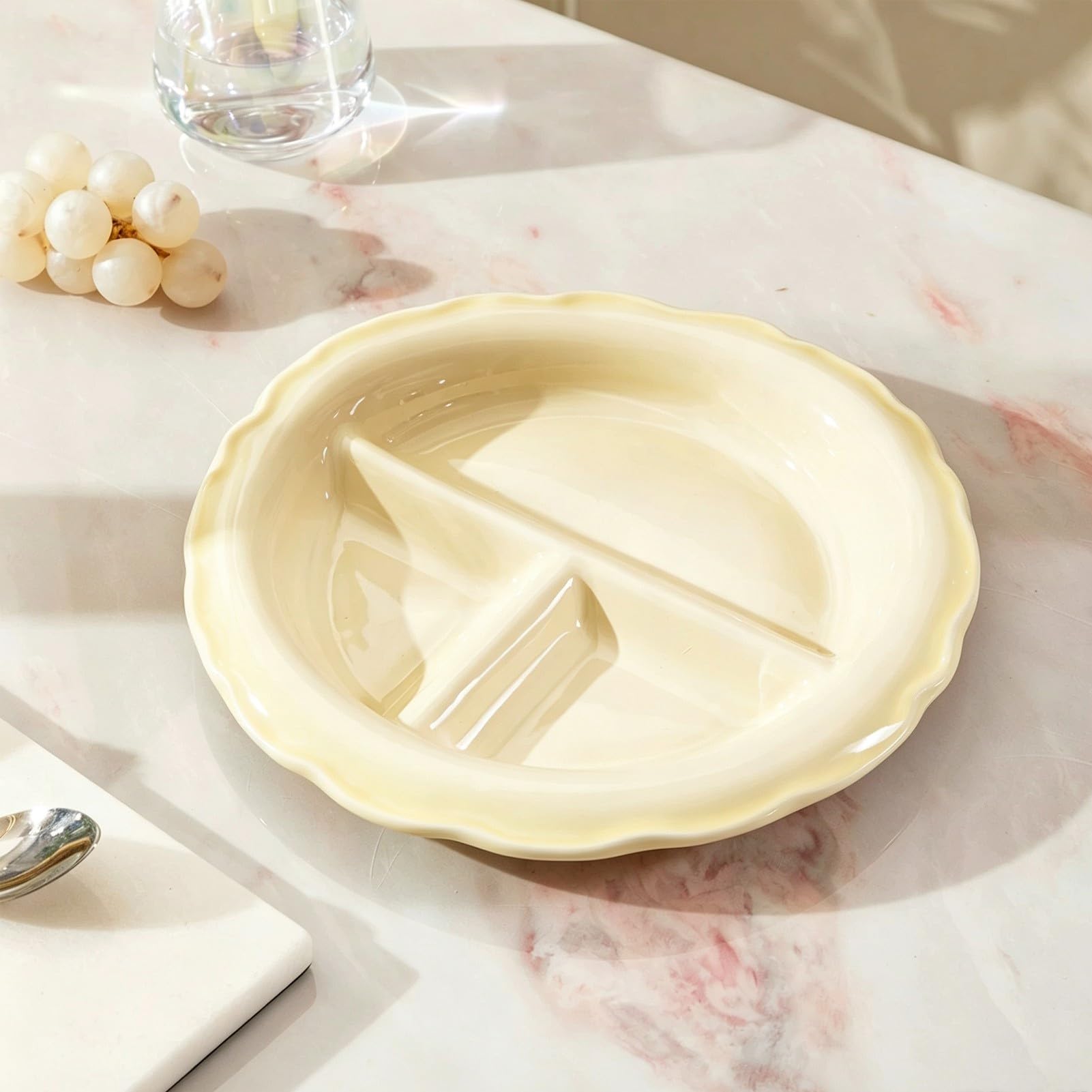 Plats de service de collation ronds, assiettes divisées à 3 compartiments, plateau de service d'apéritif décoratif en céramique 1 pièce