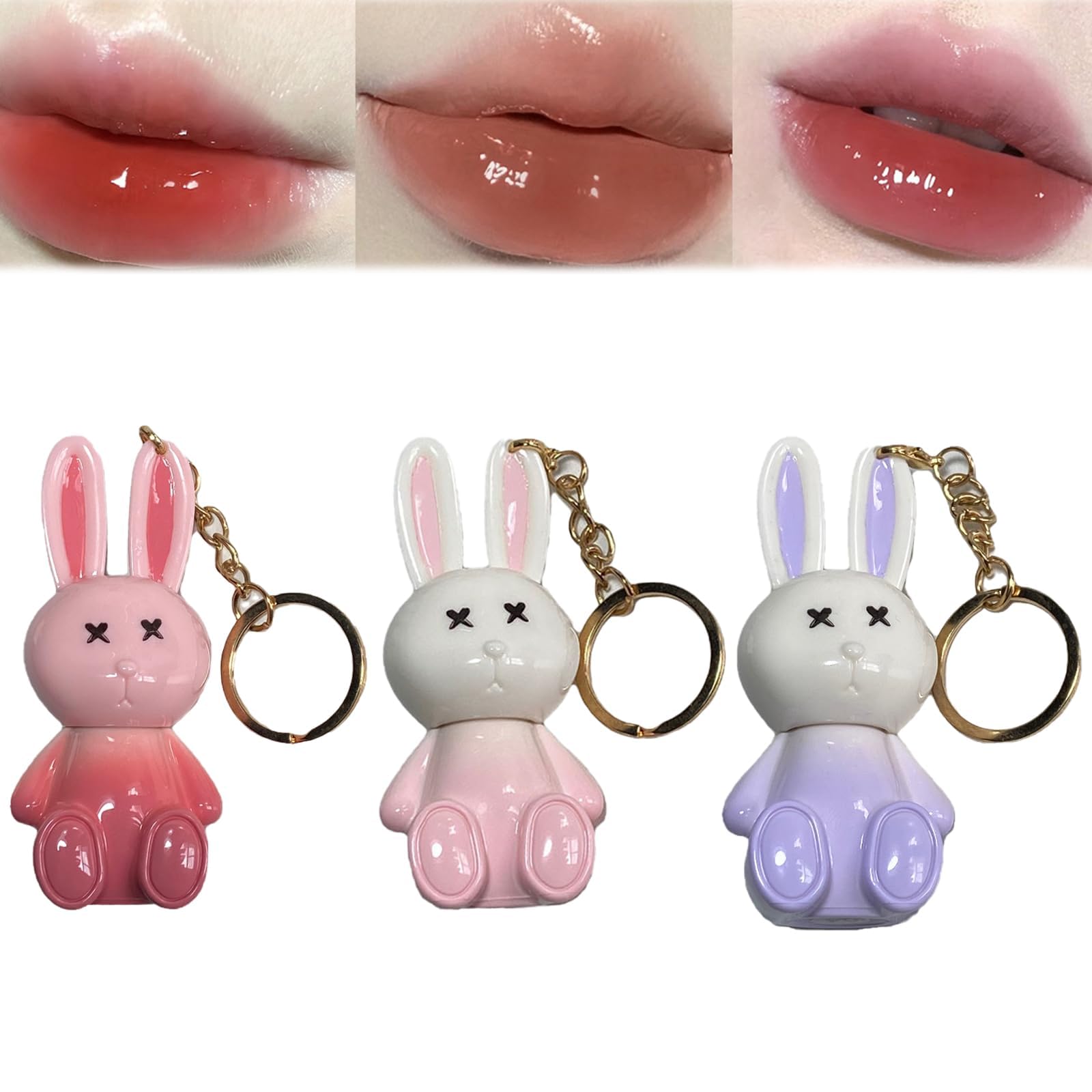 3pc Rabbit Lip Gloss Keyring Set, Moisturizing & Sparkling Jelly Lip Gloss for Hydrating & Sweet Lips, Crystal Lip Glaze