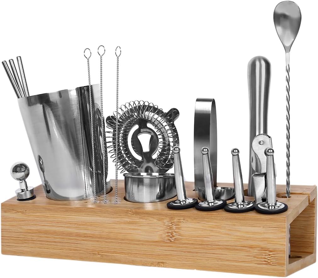 SINT 26-Piece Bartender Kit Cocktail Shaker Set | Stainless Steel Bar Set with Bamboo Stand Bar Tools Cocktail Kit for Kitchen, Drink Mixing, Home, Bar, Party, Gift Bartending Kit (Silver)