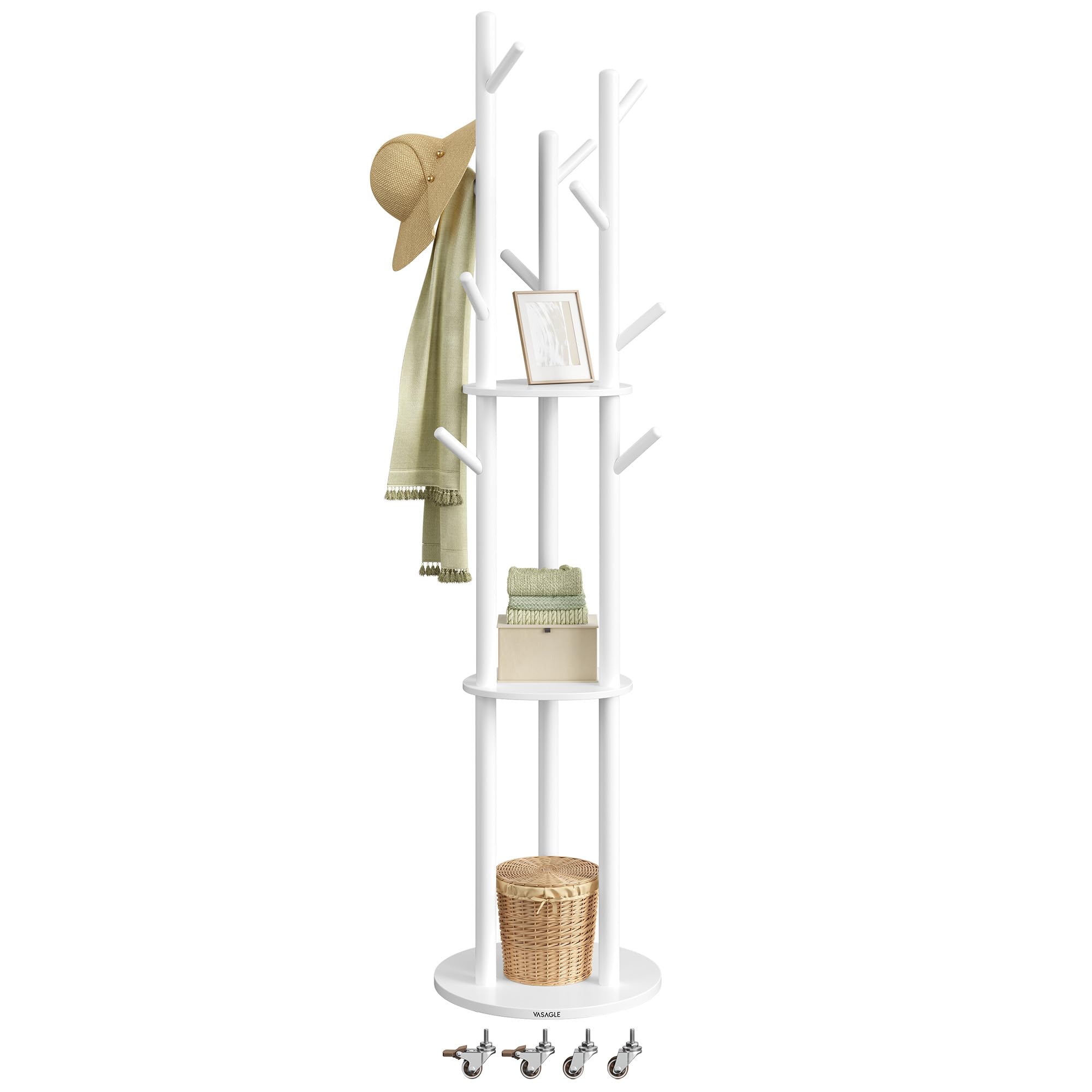 VASAGLE Freestanding Coat Rack Stand, Coat Tree with 11 Hooks, 3 Shelves, 4 Removable Wheels, for Hallway, Bedroom, Living Room, Cloud White RCR023W01