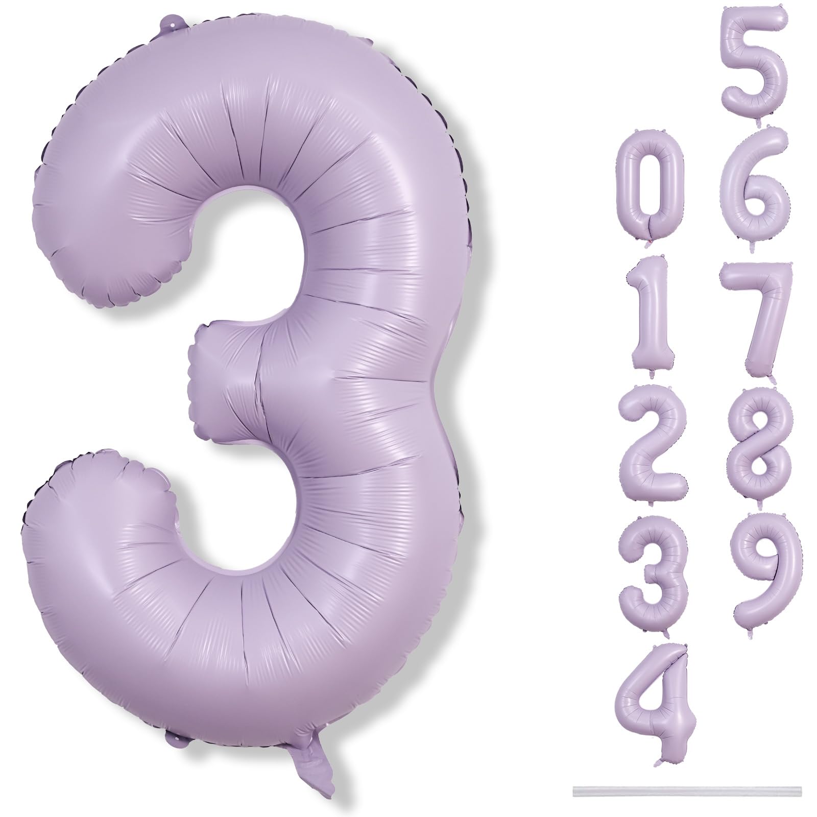 Large Dusty Pastel Purple 3 Balloons, 40 Inch Giant Light Purple Helium Mylar Foil Globos Numero for Girls, Self Inflating 3rd Birthday Balloon for