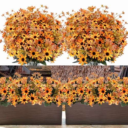 Mutcolor 7 Bundles Fake Mums Artificial Fall Flowers for Outdoors Faux Silk Daisy Floral UV Resistant Plastic Plants for Outside Indoor Garden Porch Pots Planter Table Vase Decorations(Orange)