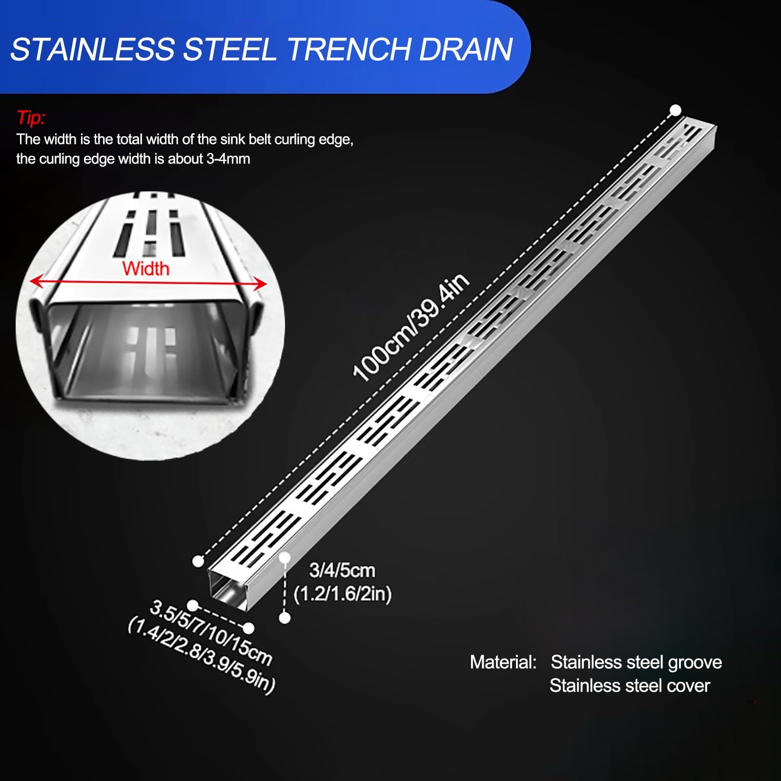 Kit de caniveau linéaire en Acier Inoxydable - Couvercle Amovible pour terrasses, trottoirs et sols en béton (10 x 4 cm) - Système de Drainage extérieur Efficace