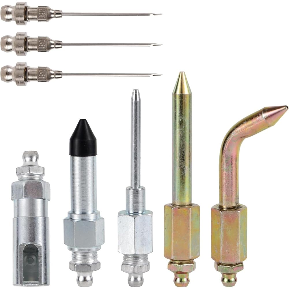 UDSKNV[KSL Grease Accessory Kit(8pcs), 3 Grease Nozzles, 1 Needle Dispenser, Rubber Tip Joint Nipple, Straight Nozzle& Bent Adapter