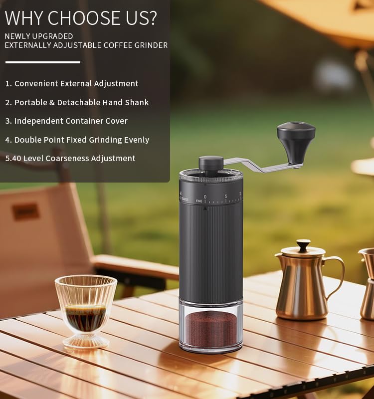 Image of Manual Coffee Grinder Hand Grinder with Ceramic Burr and Glass Jar, 6 Adjustable Settings, for Espresso French Press Pour Over Cold Brew, Portable Travel Coffee Grinder
