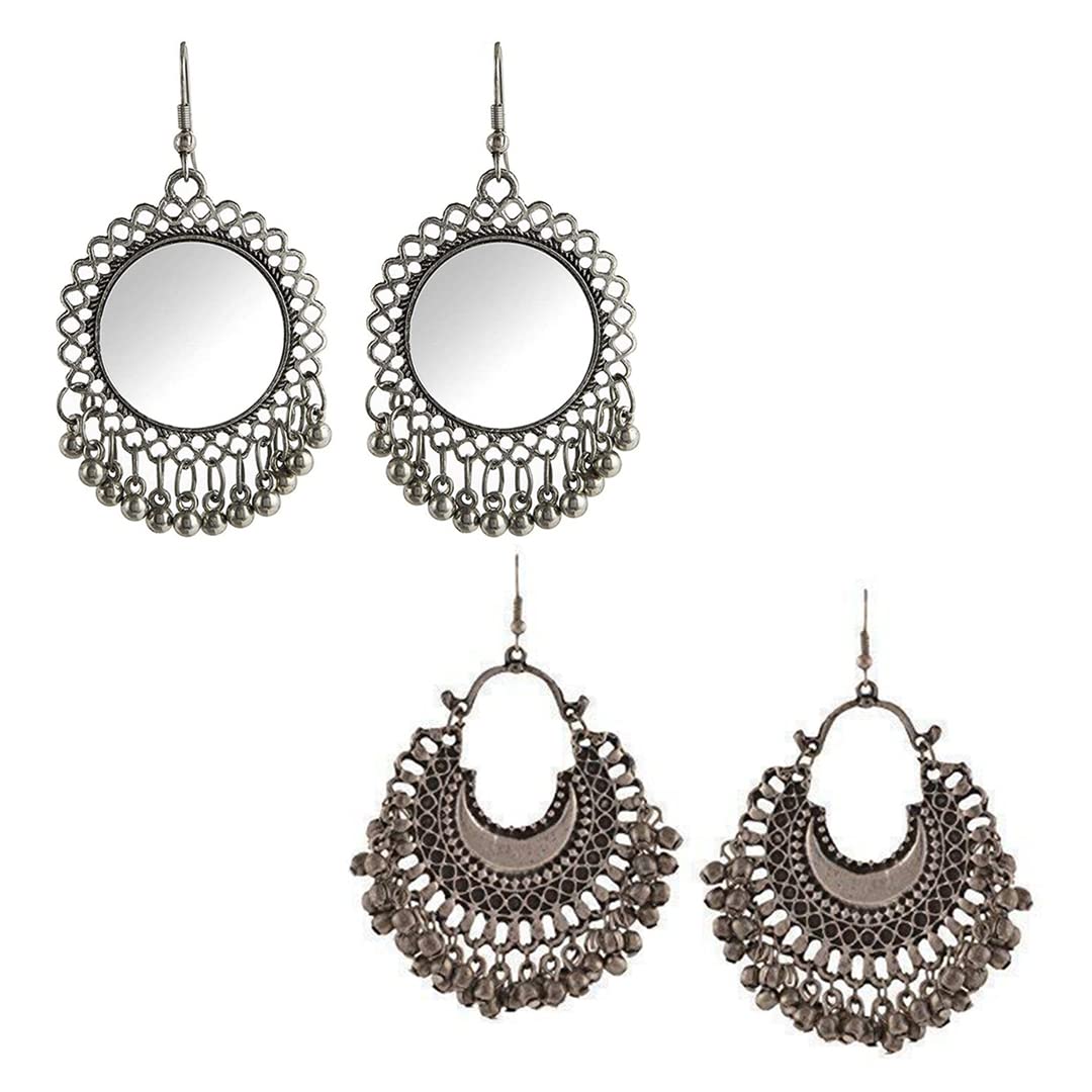 Vembley Pack of 2 Designer Silver Half Moon With Ghungroo and Mirror Chandbali Jhumki Earrings Women & Girls (B09WN2P3S6) Amazon Price History, Amazon Price Tracker