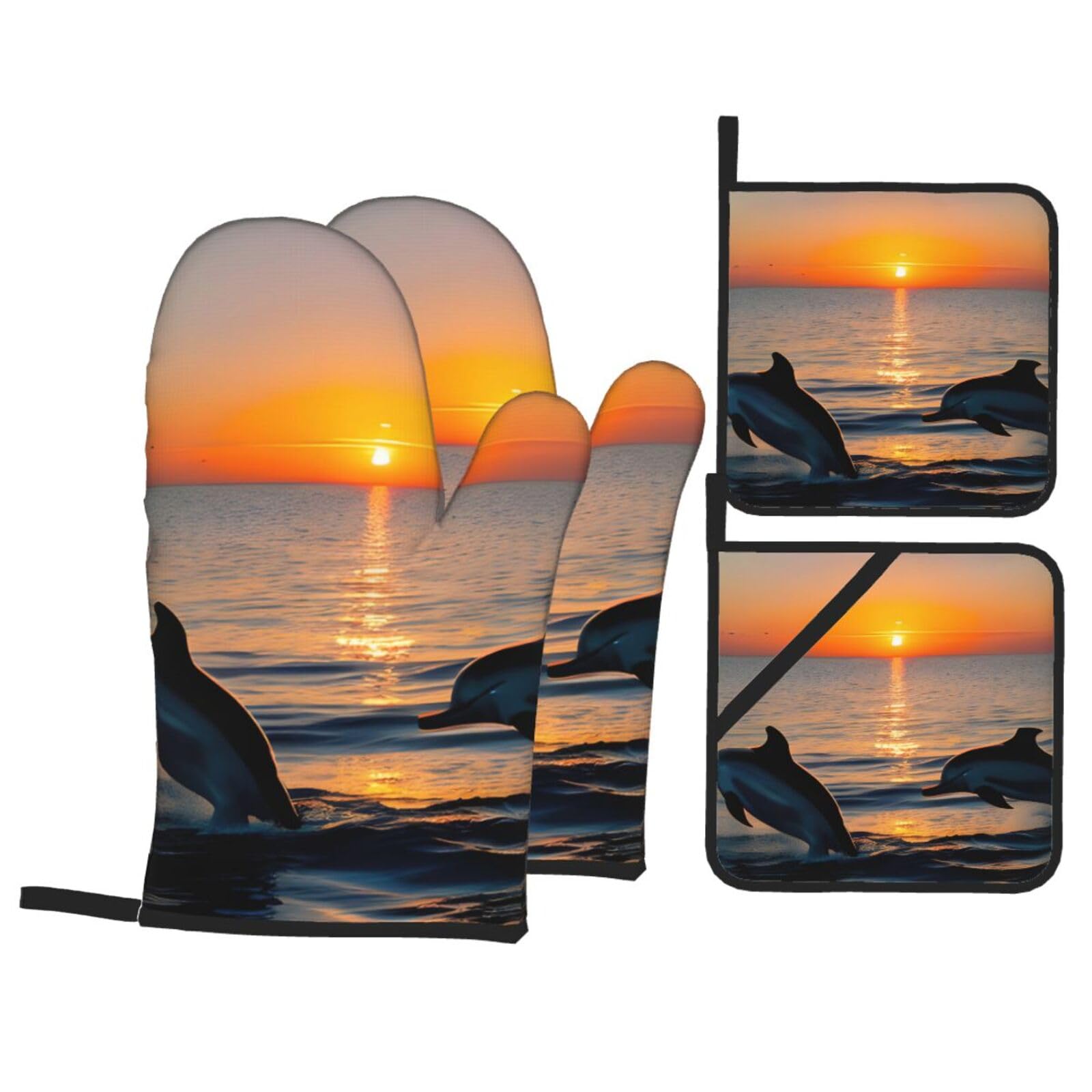 sunset dolphins Print 4-Piece Oven Microwaving Set Kitchen Gloves for Holiday Cooking Baking Grilling