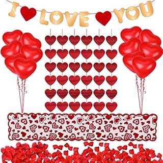 Zestaw dekoracji na Walentynki 1000 sztuk czerwonych płatków róży, 10 sztuk balonów w kształcie serca, 6 sztuk w kształcie serca, girlanda z napisem "Ich liebe dich fühlte girlandy, banery, bieżnik na