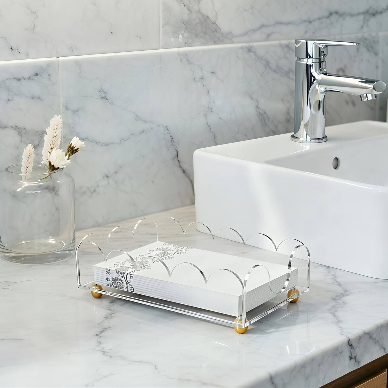 Acrylic Napkin Holder for Bathroom 9"x5" Guest Towel Holder for Bathroom Clear Bathroom Disposable Hand Towel Holder with Gold Feet- Rectangular