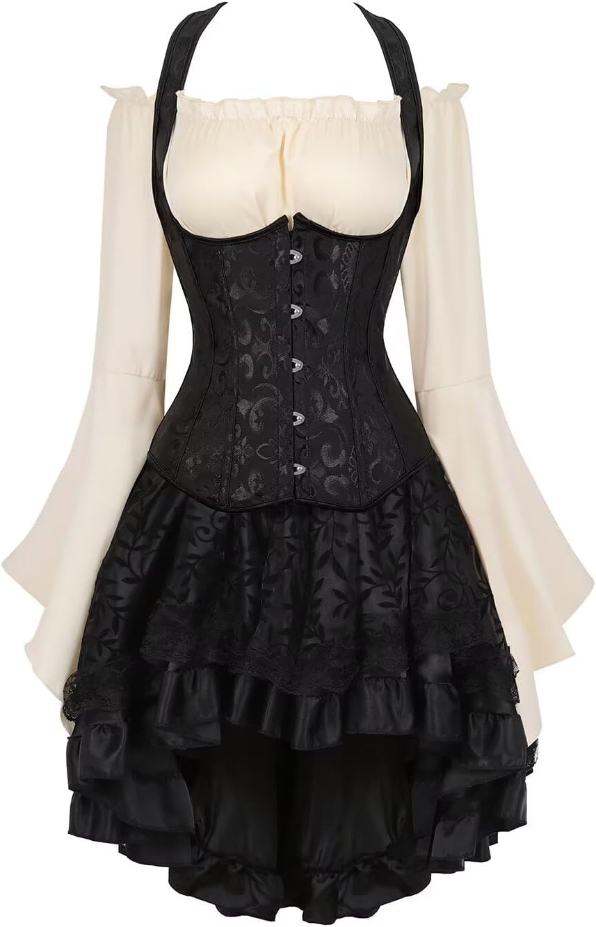 Jutrisujo Corsets for Women 3 Piece Outfits Straps Tank Bustiers Skirt White Blouse Set Top Retro Gothic