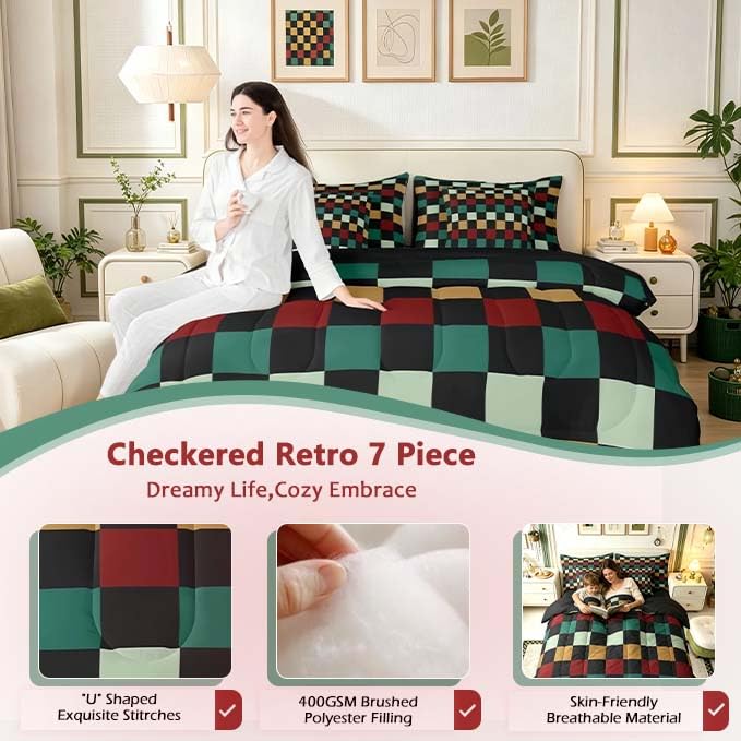 Image of Checkered Retro Comforter Set With Sheets 7 Piece Twin Size Green Red Yellow Plaid Bedding Set for Kids Boys Girls Geometric Vintage Bed in a Bag Modern Simple Groovy Aesthetic Room Decor Soft