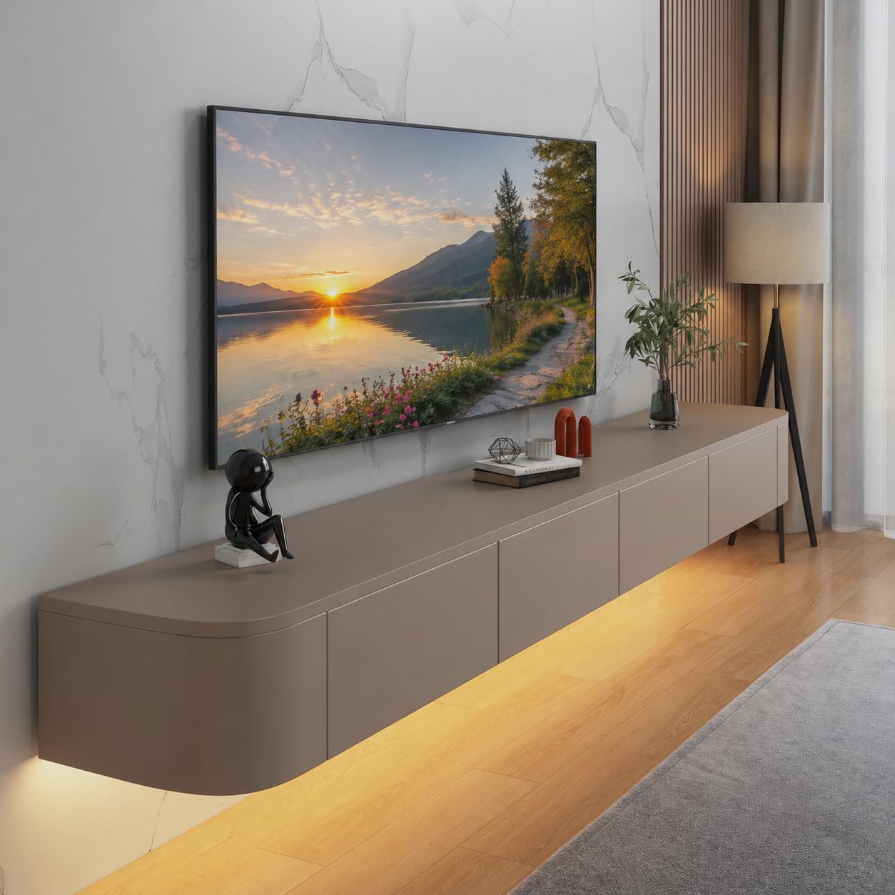 FGNIXLN Floating TV Unit,120-300CM Wall Mounted TV Cabinet, Floating TV Stand with Flip-Down Doors & Drawers, Modern TV Media Console Center Large Storage TV Bench(Khaki-Led,140CM)