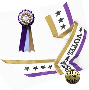 RosieCentral Suffrage Costume Set - Tri-Color Sash, Rosette, and Gold Button - VOTES FOR WOMEN