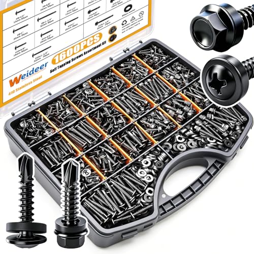weideer 1600pcs #8#10# Self Tapping Screws for Metal,410 Stainless Steel Screws Assortment Kit, Black Hex Washer Head &amp; Truss Head Quick Tapping Screw with Rubber Washer