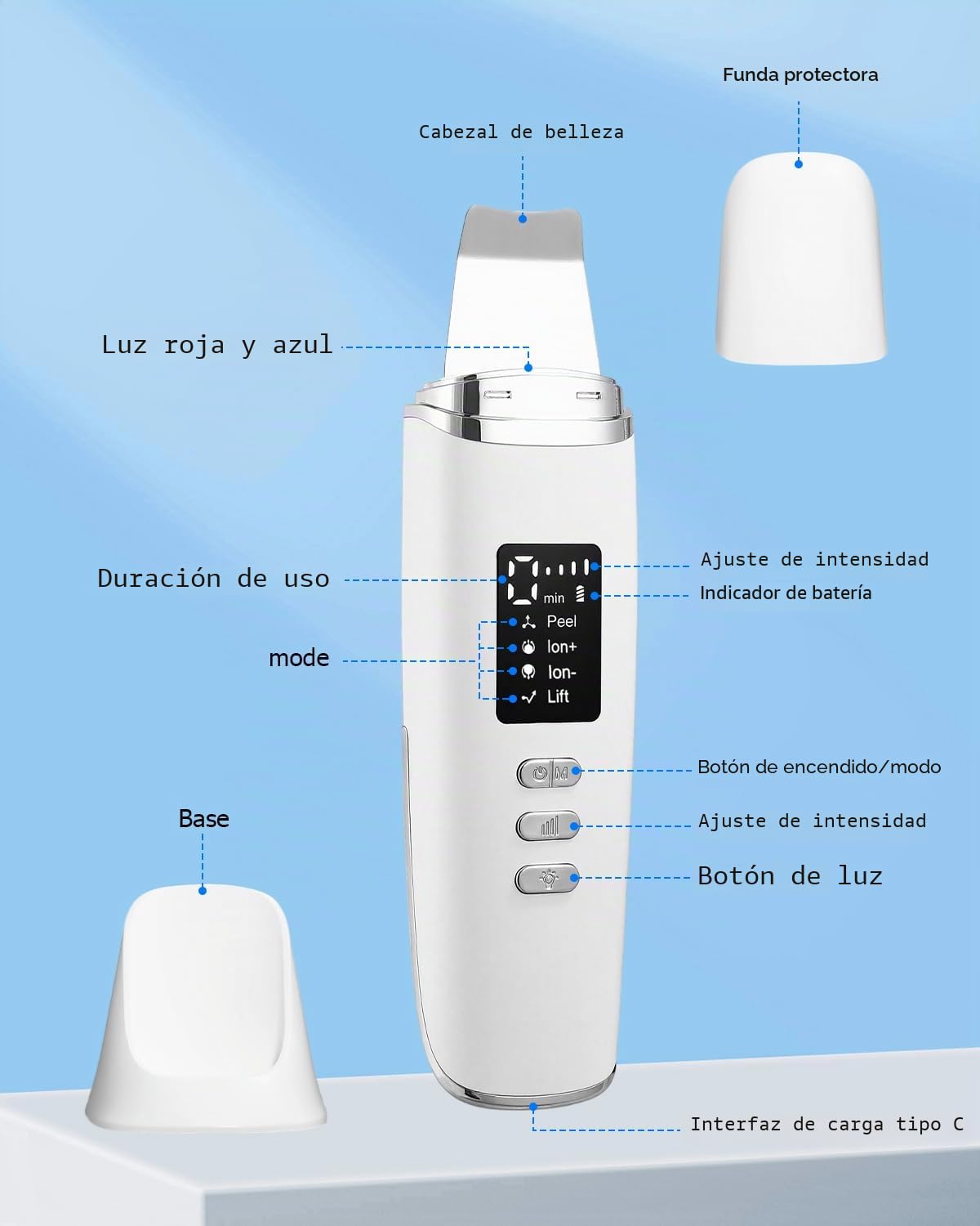 Peeling Ultrasonico Facial, Viene con 4 Modos Faciales e Intensidad Ajustable, Paleta Ultrasonica Facial Profesional, Luz Roja y Azul, Pantalla LED y Función de Apagado Automático