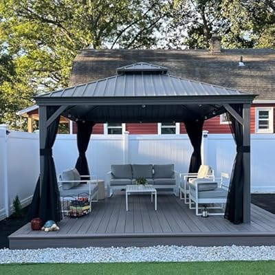 PURPLE LEAF 12' X 14' Patio Hardtop Gazebo Aluminum Outdoor Gazebo with Double Galvanized Steel Roof for Deck Backyard All Weather Outdoor Pavilion Curtain and Netting Included, Light Grey