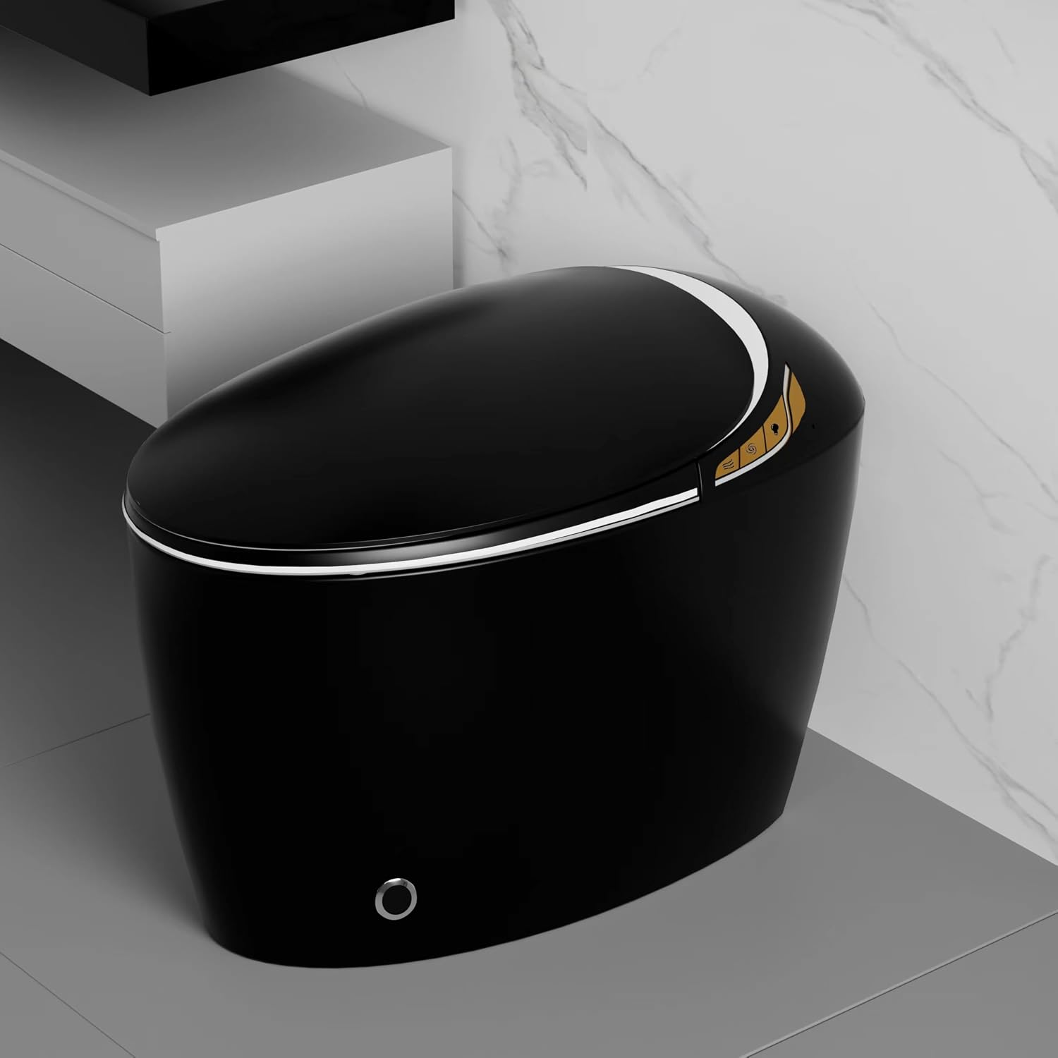 Inodoro inteligente único con bidet integrado, inodoro monobloque inteligente para baño moderno, asiento que se abre y cierra automáticamente, sensor de pie, pantalla LED, luz nocturna, agua tibia y secador (negro) miniatura 1
