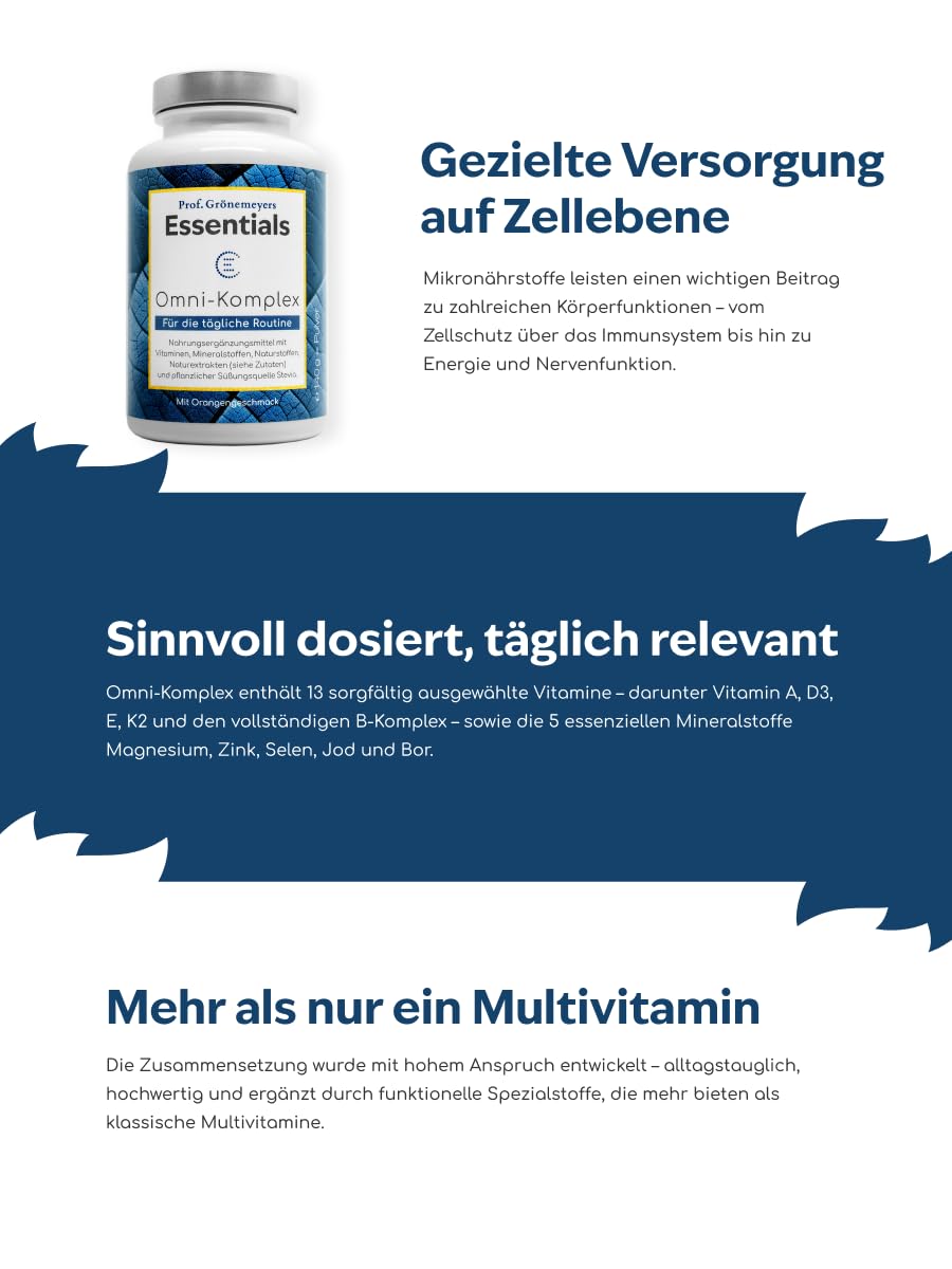 Prof Grönemeyer Essentials OmniKomplex Zellschutz Komplex, 140g Trinkpulver | Zellbooster mit 13 Vitaminen, 5 Mineralstoffen, Q10, MSM & OPC, Nahrungsergänzung für Immunsystem & Energie, Made in Germany