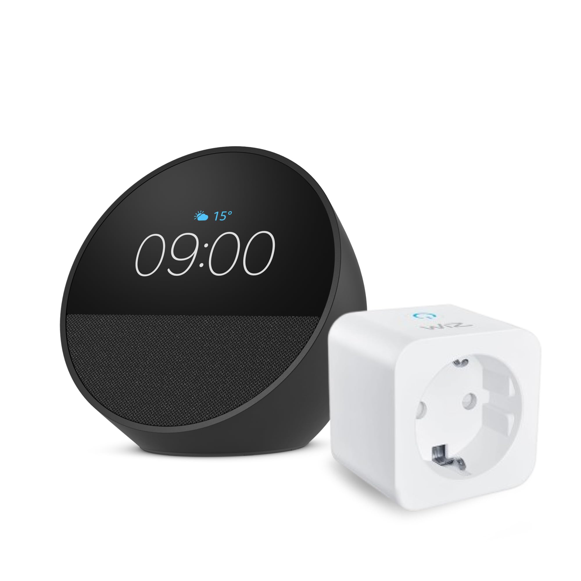 Amazon Echo Spot (última generación) | Negro + WiZ Enchufe Inteligente, compatible con Alexa - Kit de inicio de Hogar digital