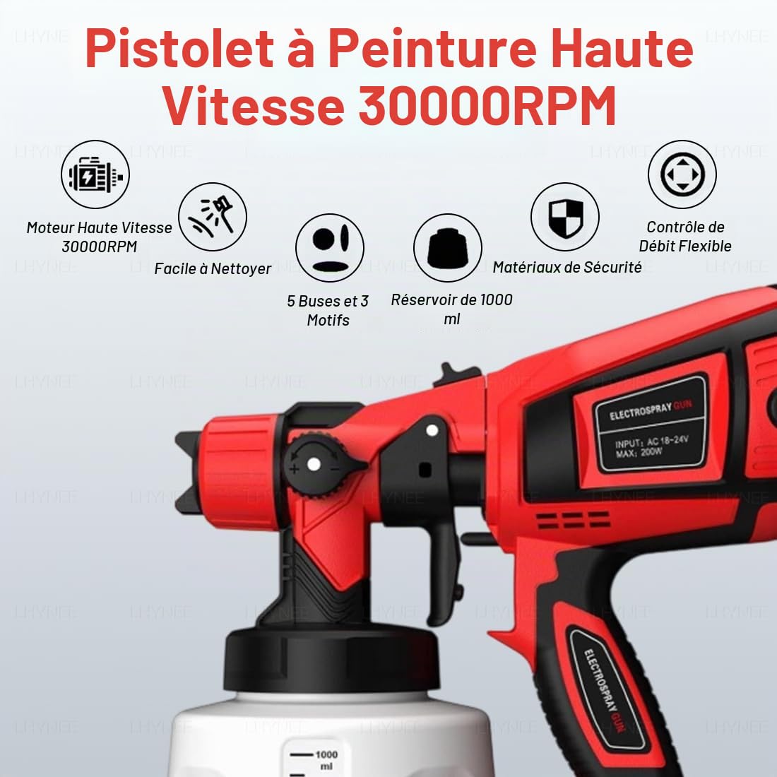 Pistolet à Peinture sans Fil, 21V 30000RPM avec 2x5000mAh Batteries, 5 Buses Et 3 Modes de Pulvérisation, Réservoir de 1000ML, Pistolet Peinture pour Peinture de Maison, Murs, Clôtures Et Plafonds