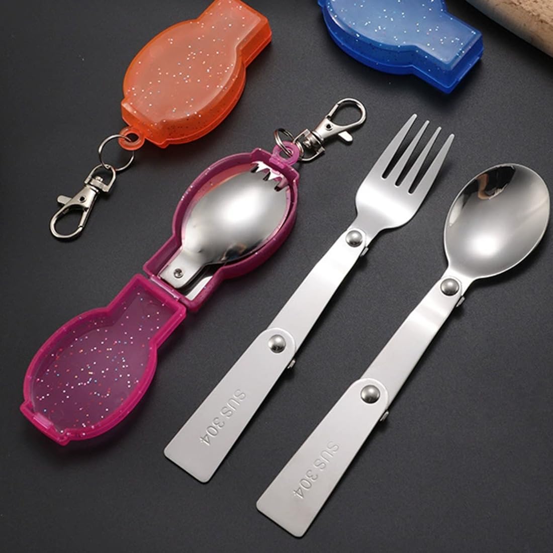 Posate Campeggio Coltelli Pieghevoli Set Posate Da Viaggio 6 In 1 Pieghevoli - Acciaio Inossidabile Per Campeggio, Picnic E Avventura Set Posate Pieghevoli Custodia Posate Argento