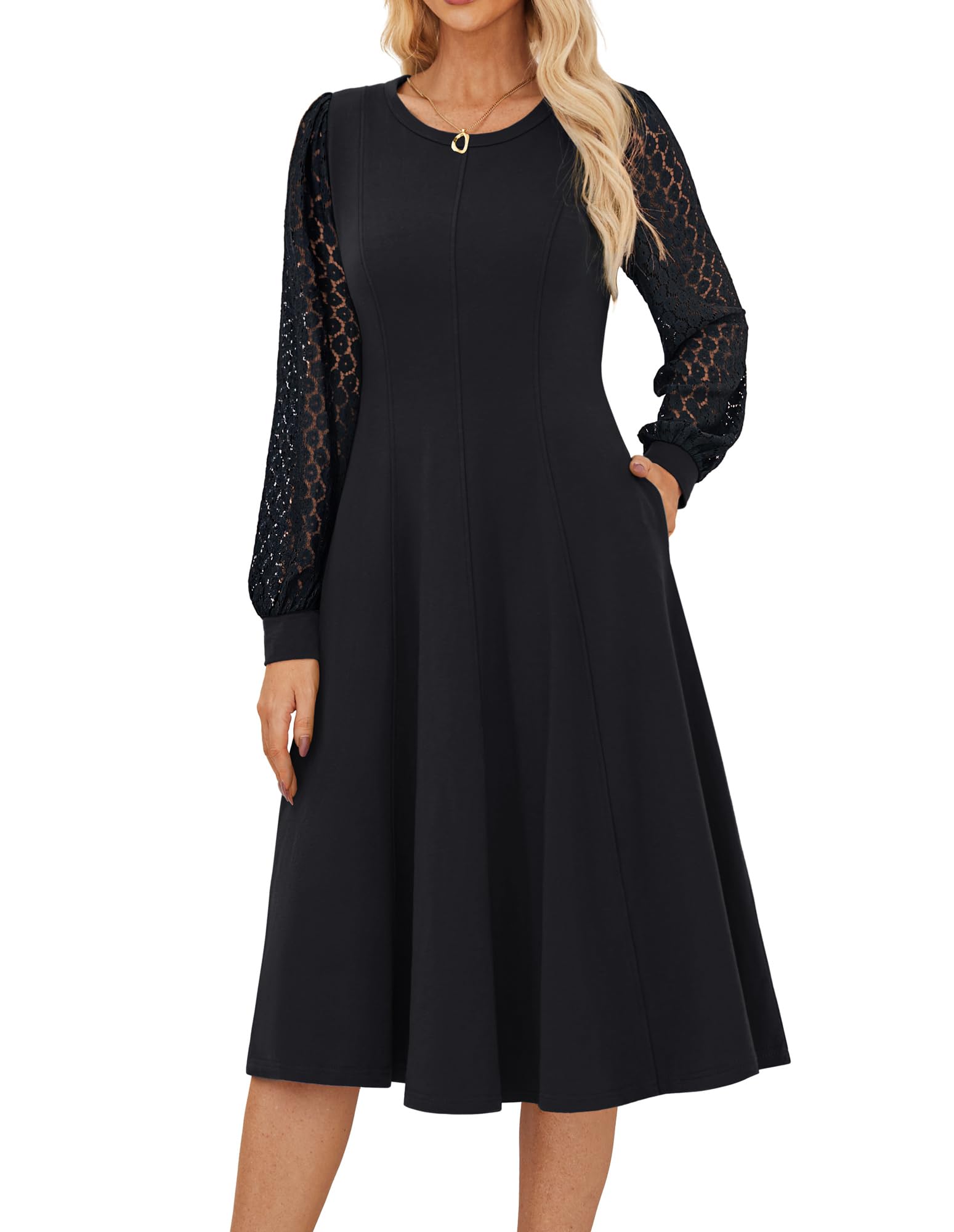 GRACE KARIN Damen Elegante Langarm Midikleider Baumwolle A-Linie Cocktailkleid Vintage Einfarbiges Tailliertes Kleider