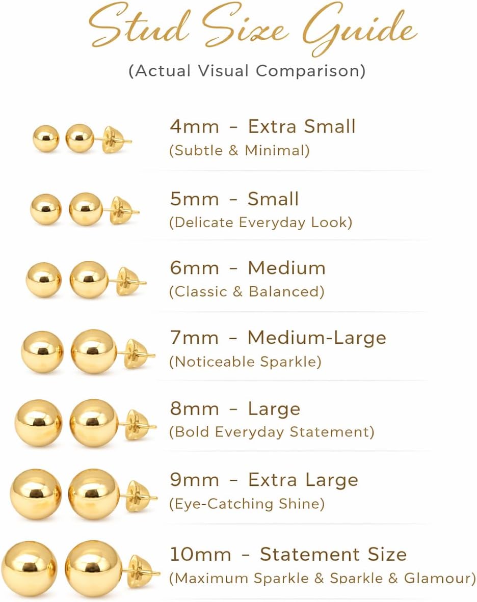 MauliJewels 14K Gold Ball Stud Earrings for Women | 4MM, 5MM, 6MM, 7MM, 8MM, 9MM, 10MM Round Gold Studs, Rose White Yellow Gold, Push Back Closure, Minimalist Everyday Earrings