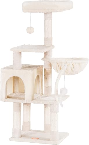 Miniatura 7 de Heybly Cat Tree Cat Tower Condominio con postes rascadores cubiertos de sisal, lujosas perchas de felpa y cesta para gatito gris ahumado HCT003SG