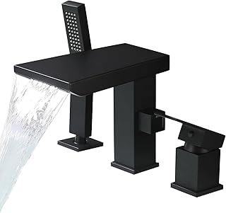 Waterfall Roman Tub Faucet with Hand Shower, Deck Mount Tub Filler Bathtub Faucet with Sprayer, Brass Widespread 3 Hole Bathtub Shower Faucet Set, Matte Black