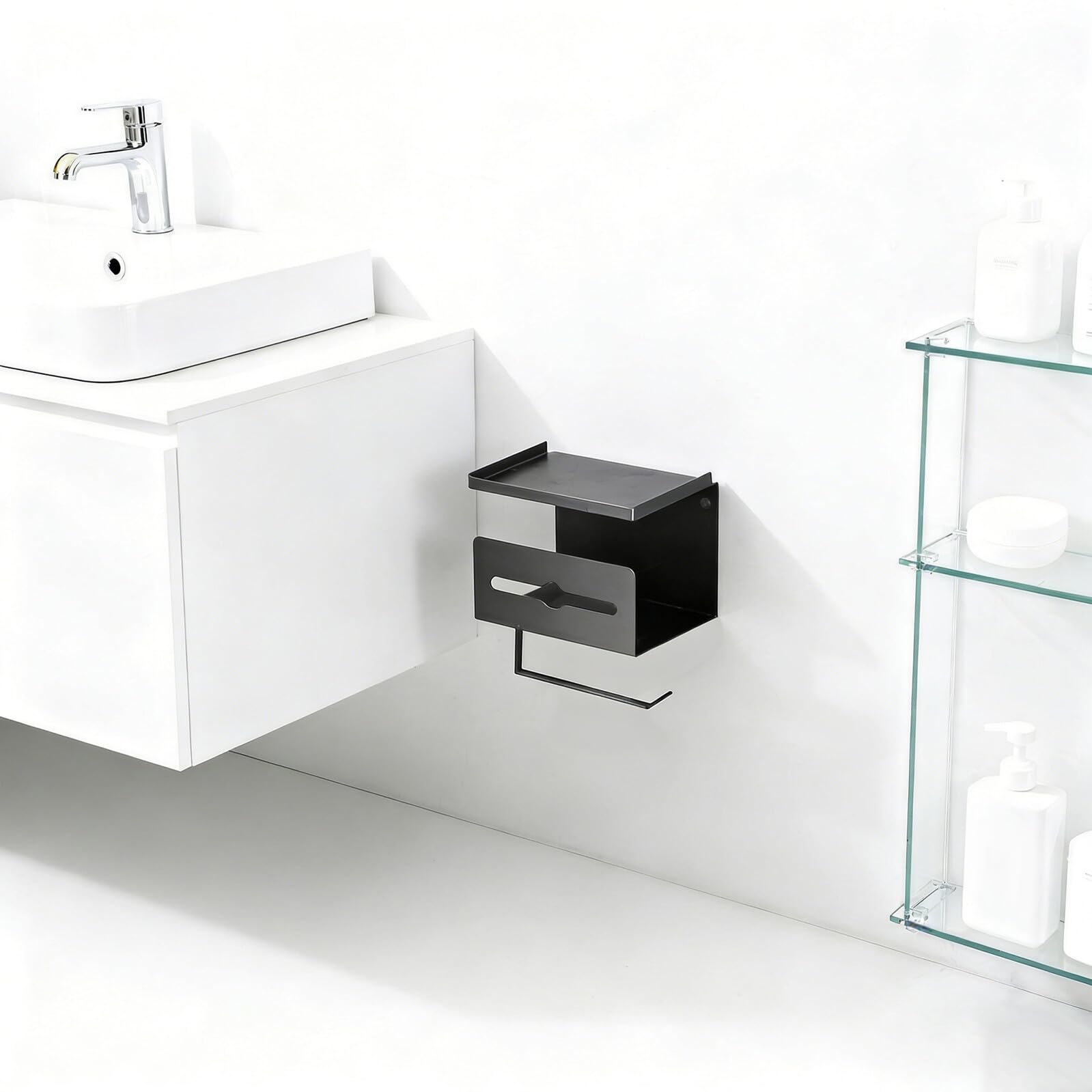 Ipetboom Portarotolo di Carta Igienica a Parete Doppio Strato con Ripiano Porta Telefono in Acciaio al Carbonio Grigio Scuro, Supporto Multifunzionale per Bagno e Organizer per Fazzoletti