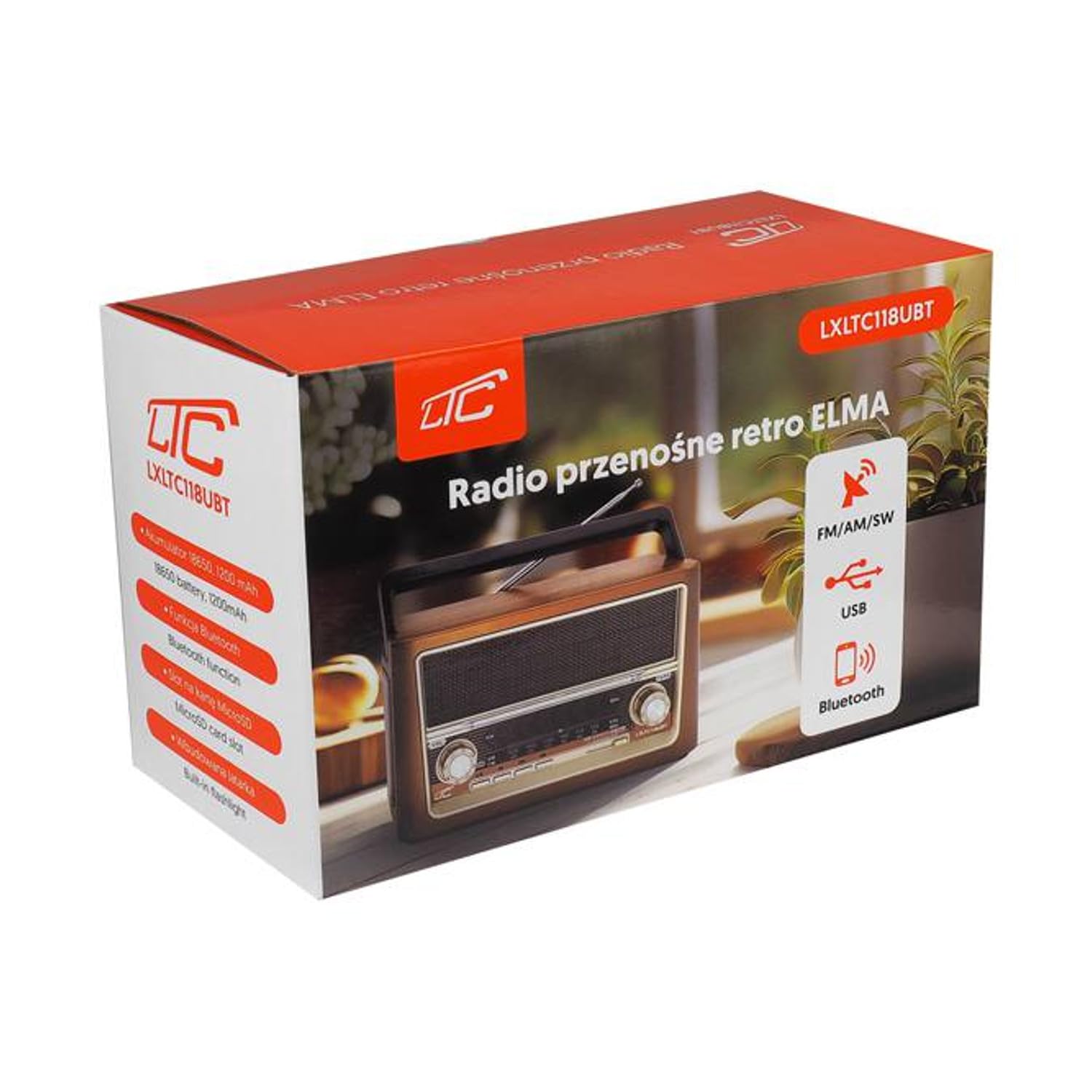LTC Elma 118UBT Tragbares Radio mit Teleskopantenne und Bluetooth-Konnektivität, Retro-Radio, FM/AM/SW, USB