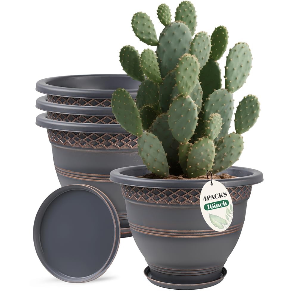Usocik 4 Pack 16 Inch Large Plant Pots, Plastic Flower Pot for Indoor & Outdoor with Drainage Holes & Saucer, Plaid Pattern Planters Garden Pots for Herbs