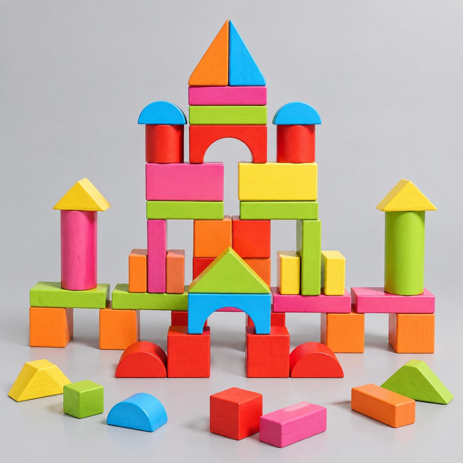 82 Pezzi Blocchi da Costruzione in Legno di Faggio con Bordi Lisci Set di Blocchi con Forme Geometriche Aperti per Young Child