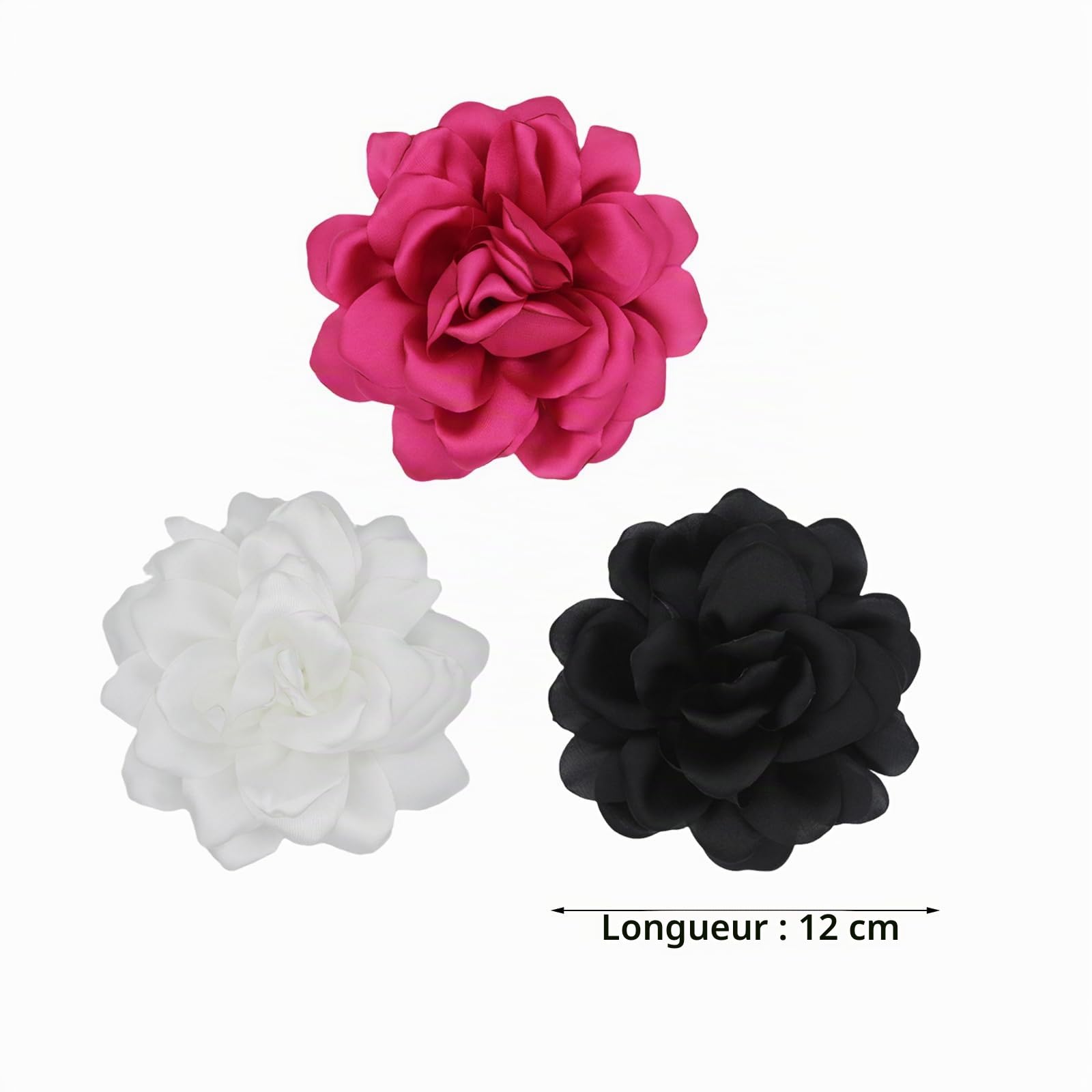 Lot de 3 broches en forme de fleur de rose en satin, 12 cm, couleur unie, fabriquée à la main, accessoire de costume (rouge, noir et blanc)