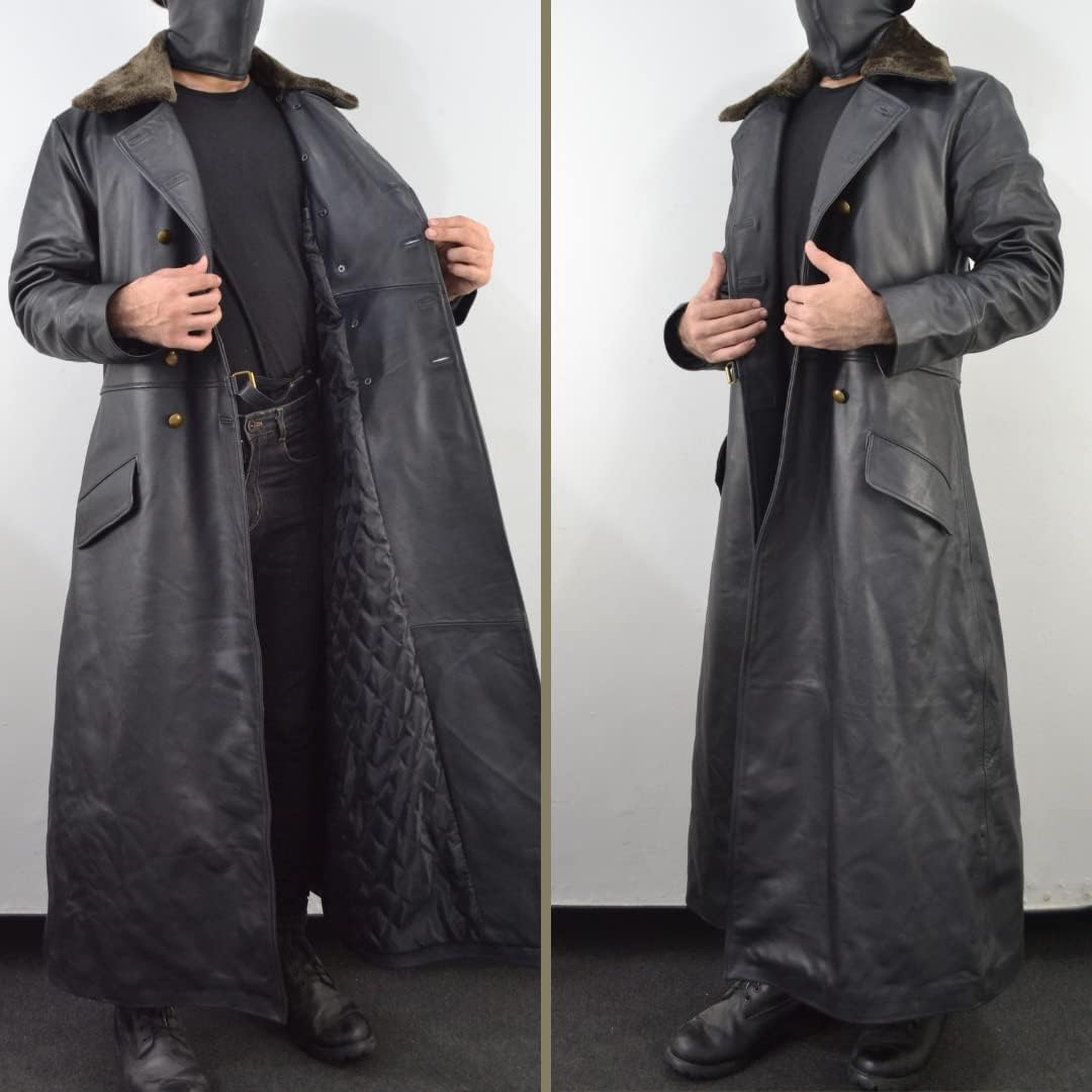 World War 2 Leather German Coat - Waffen Elite Officers Military Uniform Coat - WW2 Fur Collar Black Long Trench Leather Coat