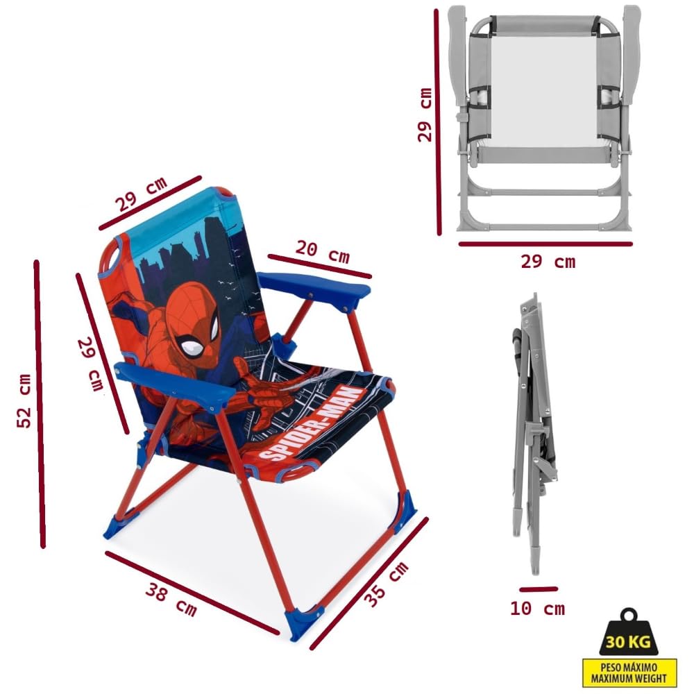 Set Giardino Bambini Spiderman Marvel con 2 Sedie Tavolino e Ombrellone Tavolo Mare Pieghevole Supereroe Sedie 35x38x52 cm Portata 30 kg Età 3+