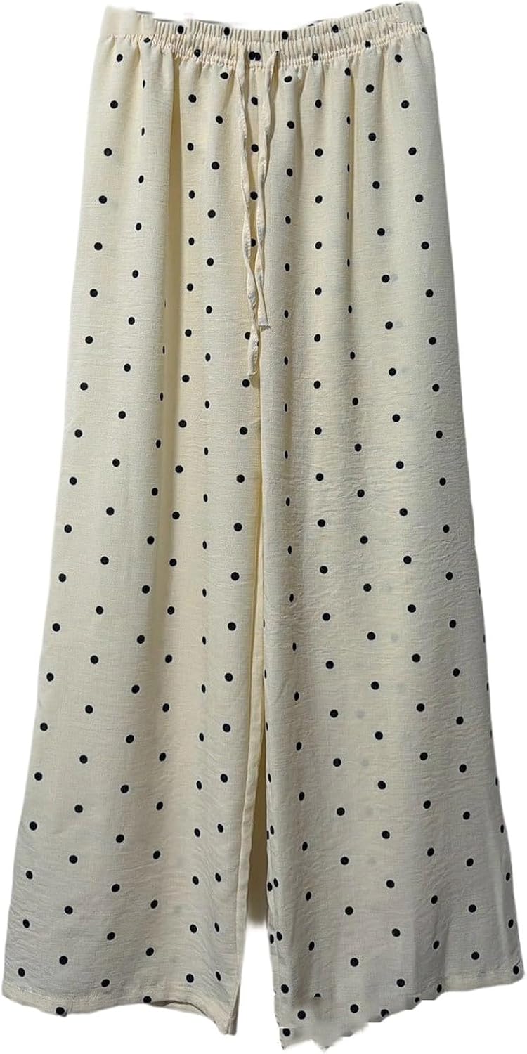 Womens Palazzo Pants Polka Dot Summer Fashion High Waisted Wide Leg Drawstring Flowy Lightweight Casual Trousers