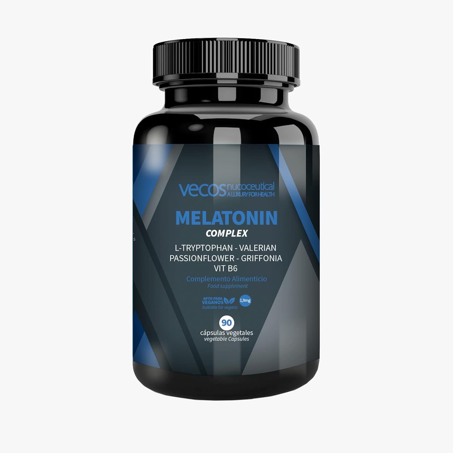 Melatonin 1.9 mg Vecos for Sleep | Supplement with L-Tryptophan, Valerian, Passionflower, Griffonia and Vitamin B6 | 90 Vegetable Capsules | 100% Vegan