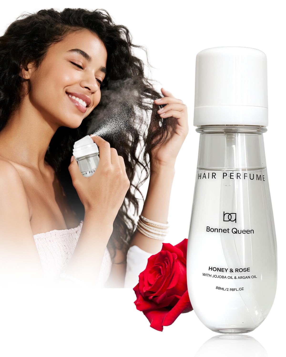 BONNET QUEEN Brume Parfumée Cheveux & Corps Femme Miel et Rose 88 ml – Spray Parfumé Longue Tenue pour Cheveux, Corps et Vêtements, Hydratant, Anti-Frisottis, Brillance Naturelle