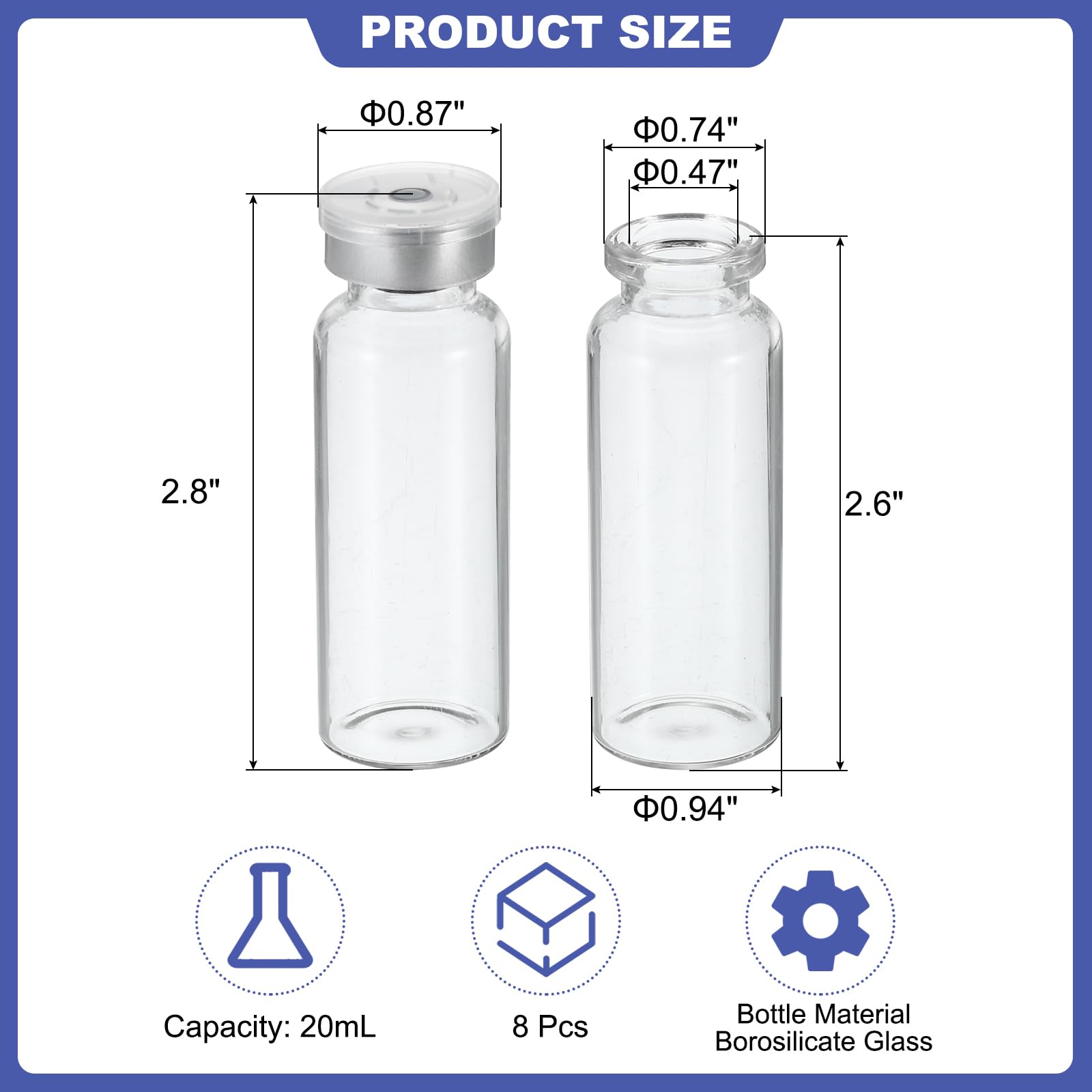 PATIKIL 20ml Fiale 8 Pacco Laboratorio Vuote Fiale con Butile Gomma Tappo e pinze Superiore Tappi Borosilicato Vetro Fiala Trasparente